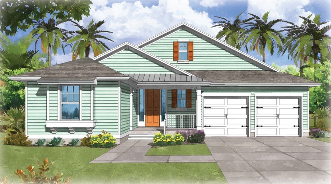 An artist 's impression of a house with palm trees in the background.