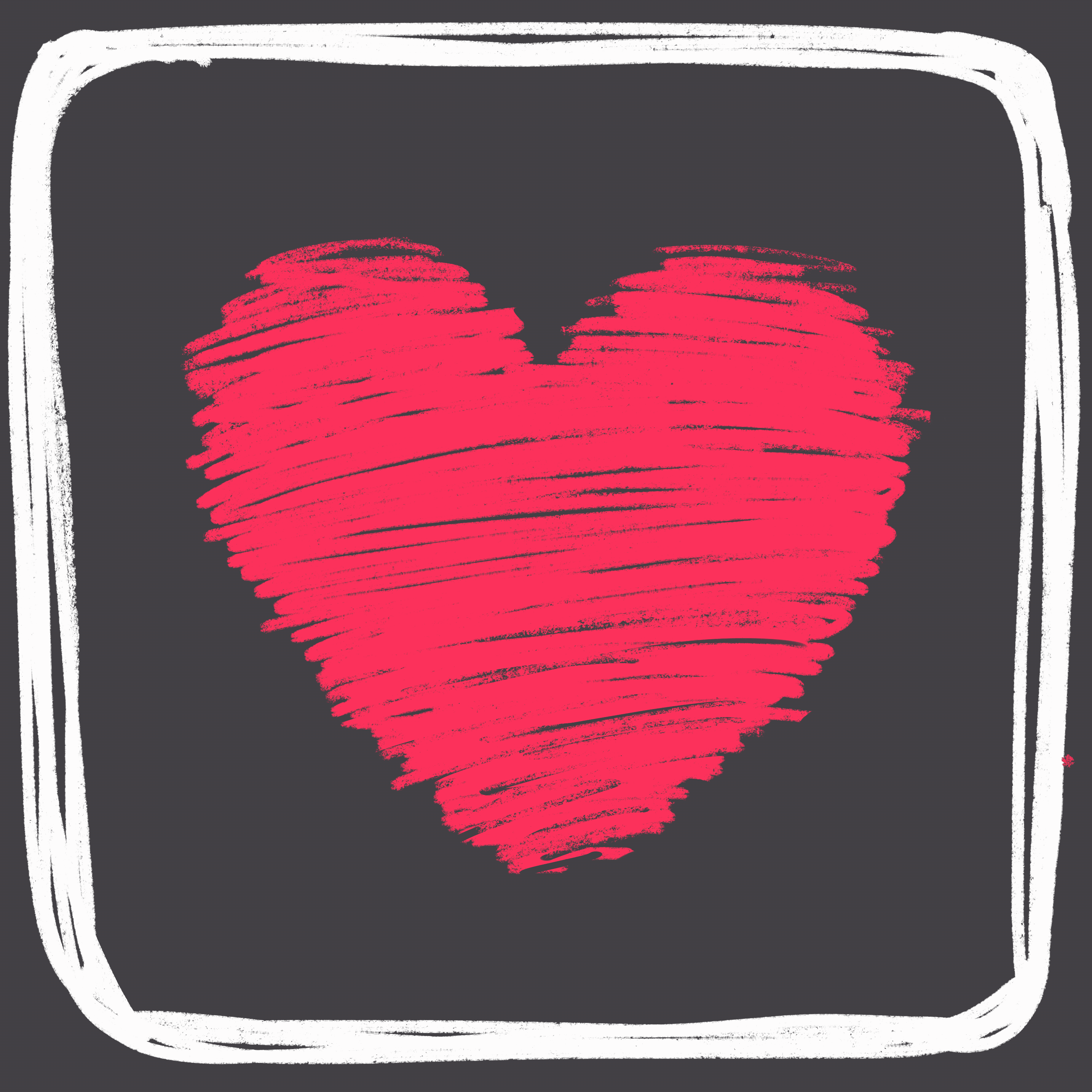 Red scribbled heart in white outlined square on a gray background.