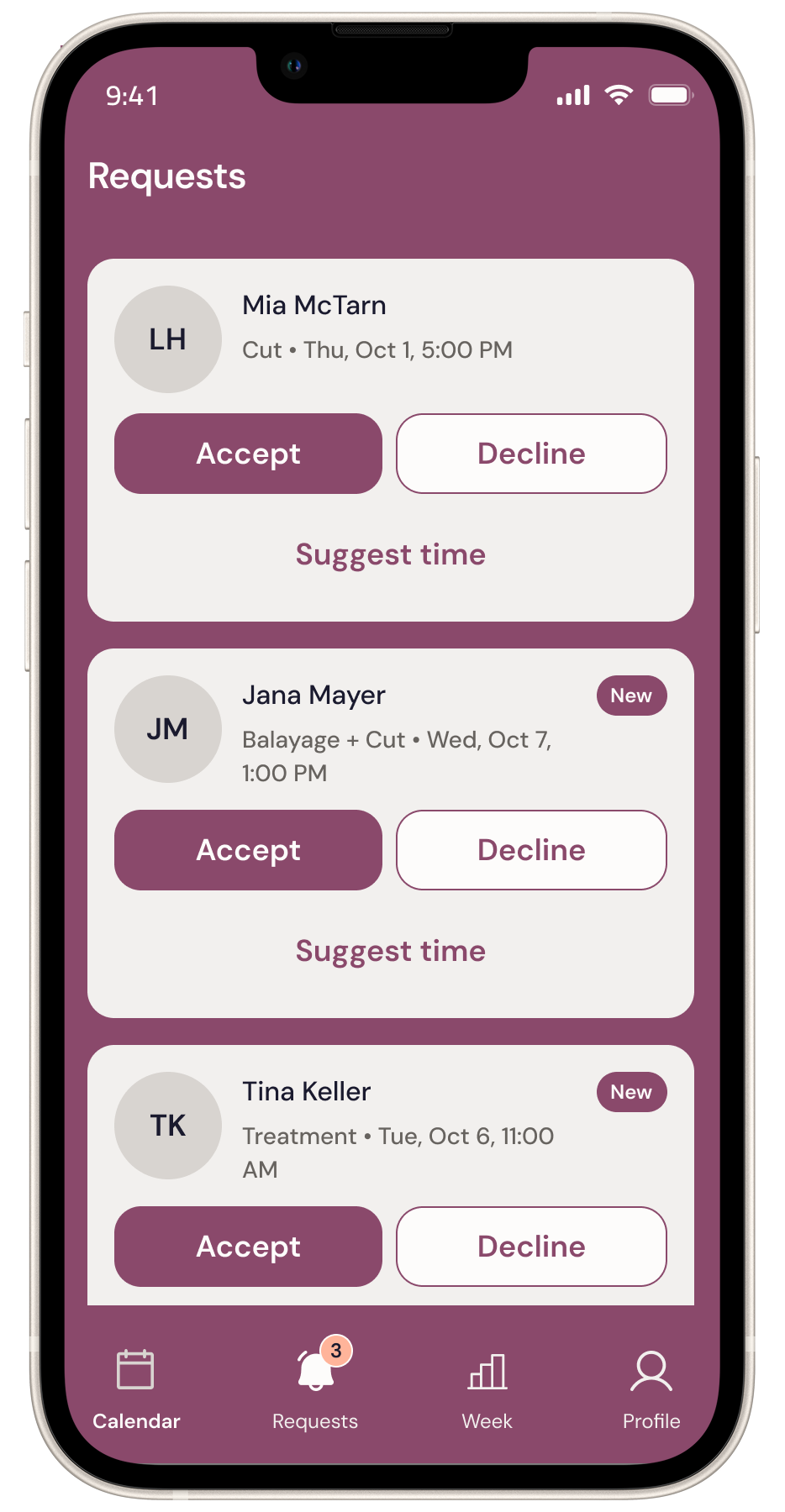 Mobile app screen with maroon theme showing a list of user requests, each with Accept and Decline buttons.