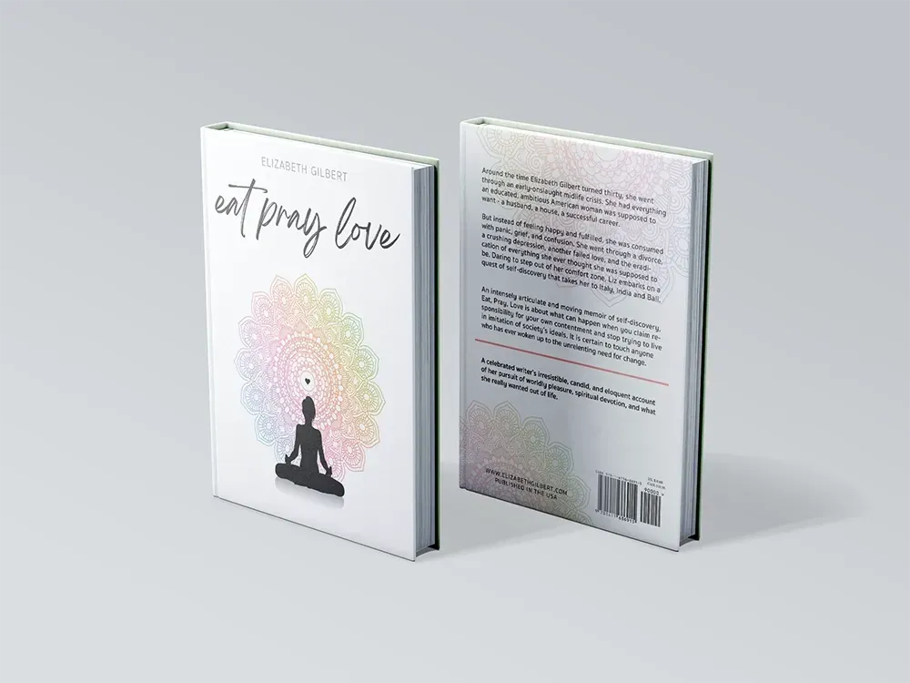 Two white books, one showing a meditating figure with a rainbow aura, the other a back cover with text.