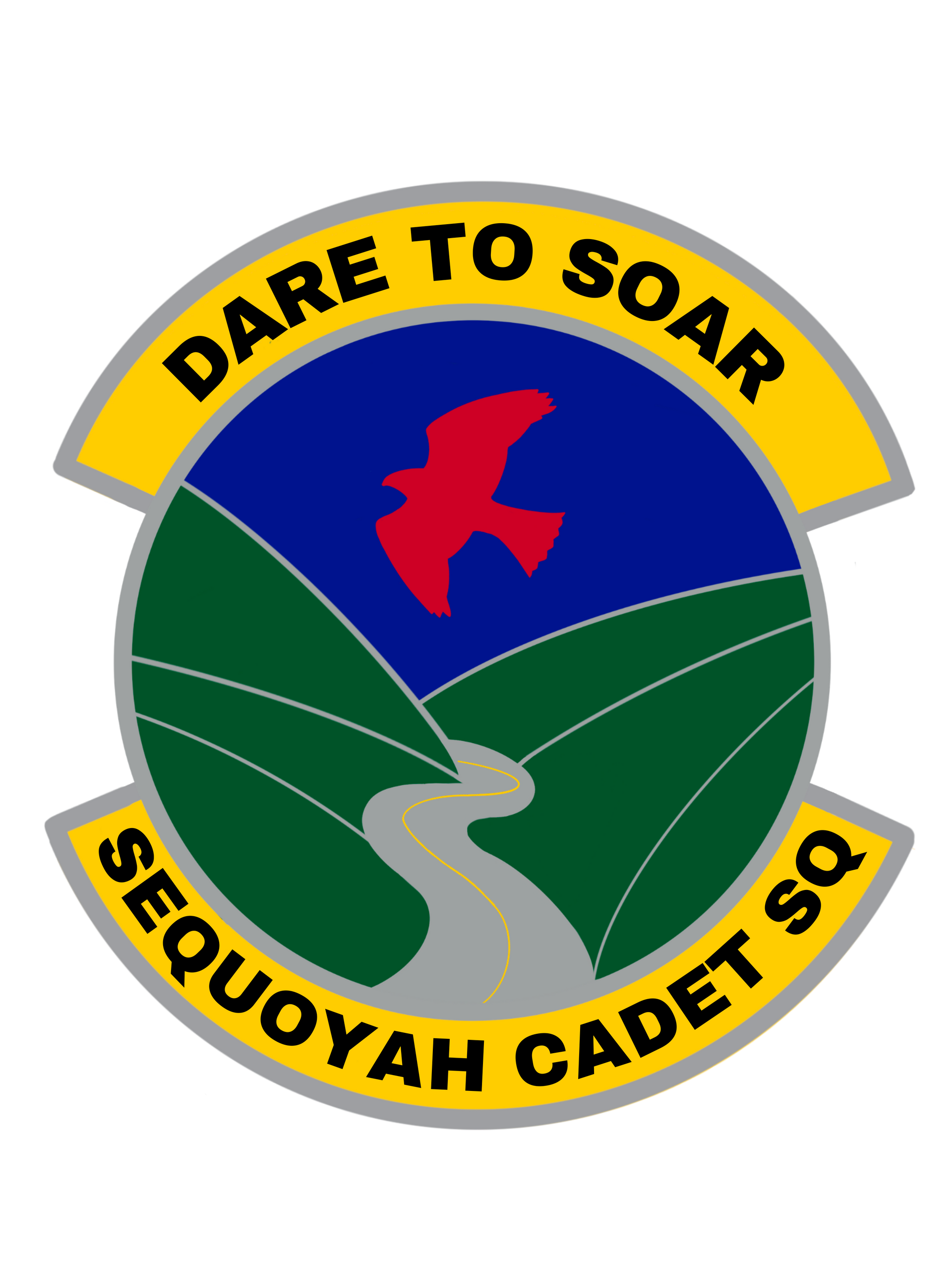 Sequoiyah Cadet Squadron emblem with soaring red bird over green hills and road, “Dare to Soar” banner