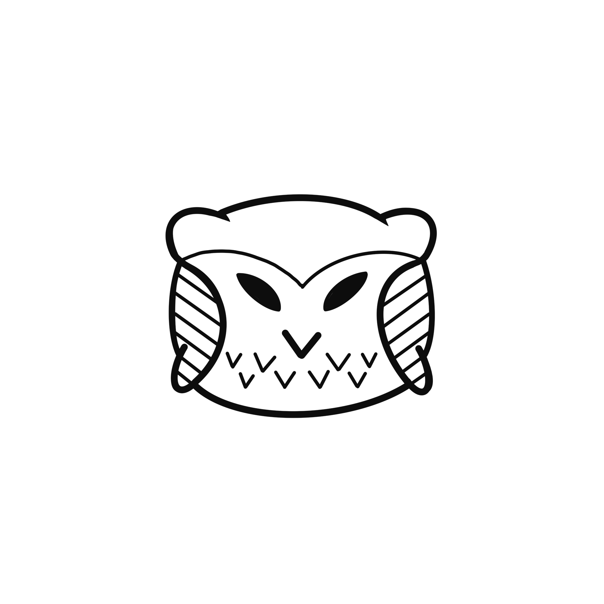 Black-and-white line drawing of an owl face with patterned wings and pointed eyes