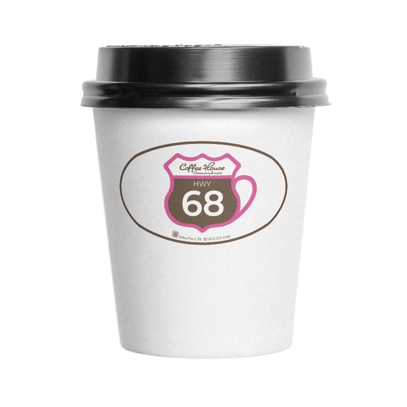 White to-go coffee cup with black lid and a pink-and-brown “68” logo on the front
