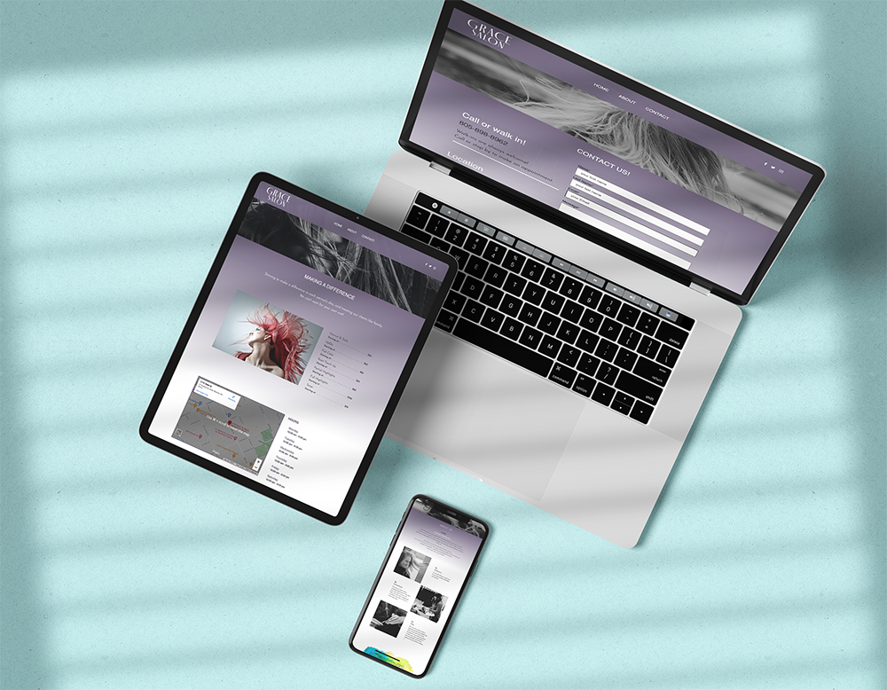 Laptop, tablet, and smartphone displaying a website on a light blue background