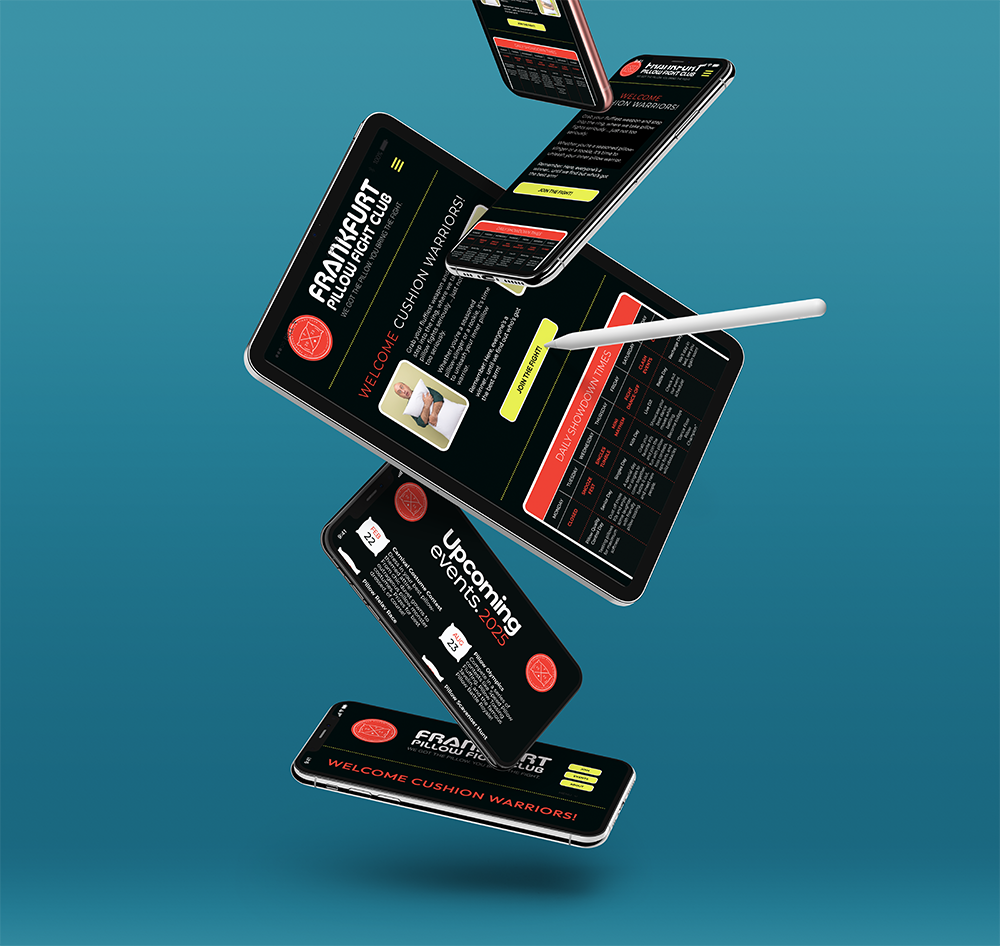 Mobile devices and a stylus arranged in a floating 3D stack on a blue background