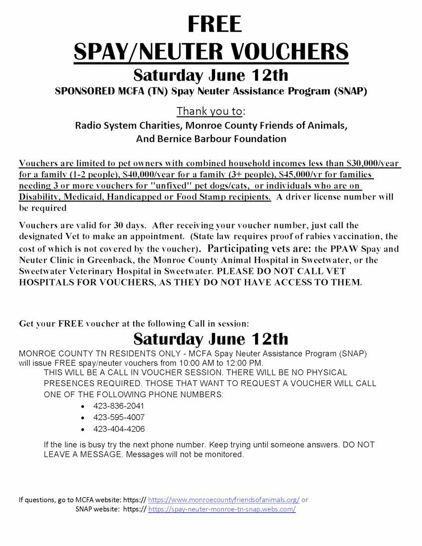 Flyer for free spay/neuter vouchers and clinic information, with event details and a web link.