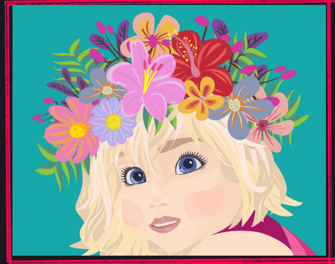 Blonde child with blue eyes wearing a colorful flower crown against a teal background