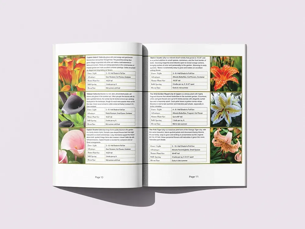 Open book with colorful flower photos and text laid out in columns on a white background