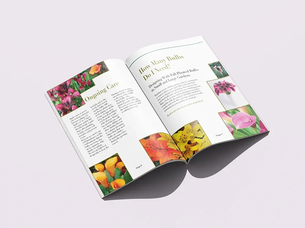 Open gardening book with colorful flower photos and plant illustrations on white background
