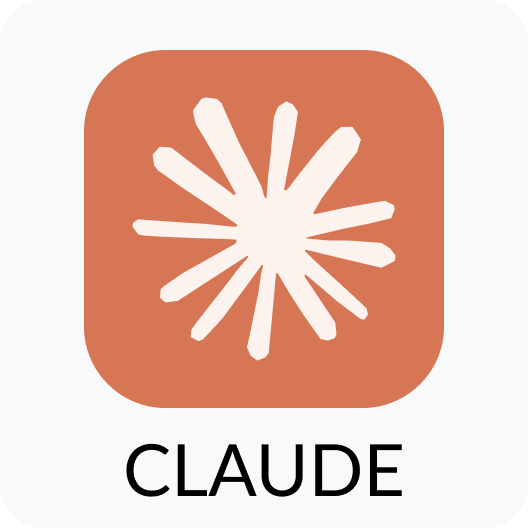 Claude app logo: orange rounded square with white starburst and “CLAUDE” text below