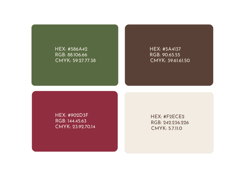 Four-color palette swatches with hex, RGB, and CMYK values on white background