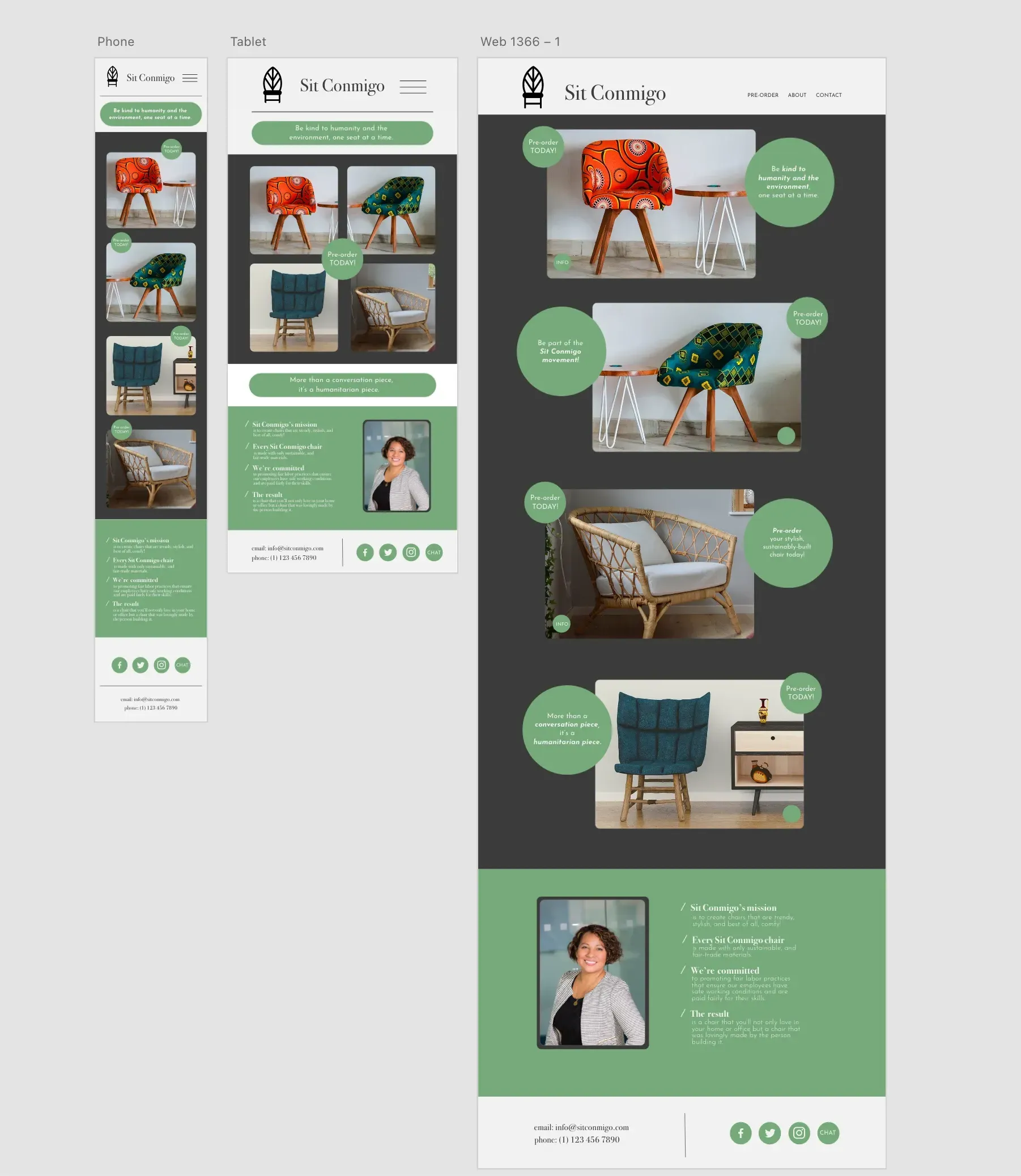 Multiple green-and-white app screens showing a modern furniture shopping interface with product photos.