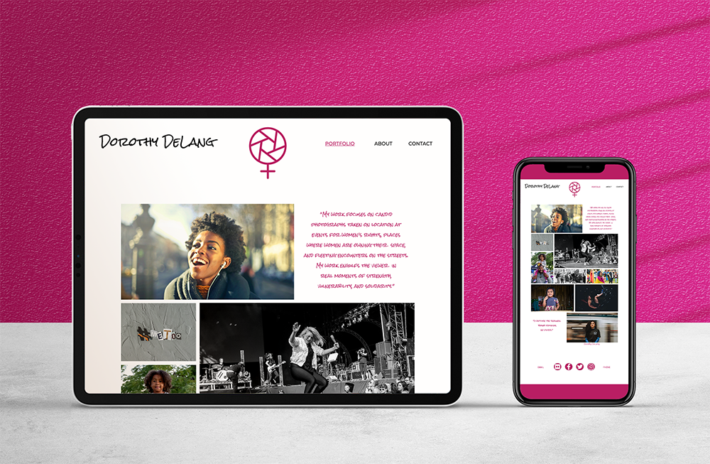 Website mockup on tablet and phone with pink accents and a photography portfolio layout