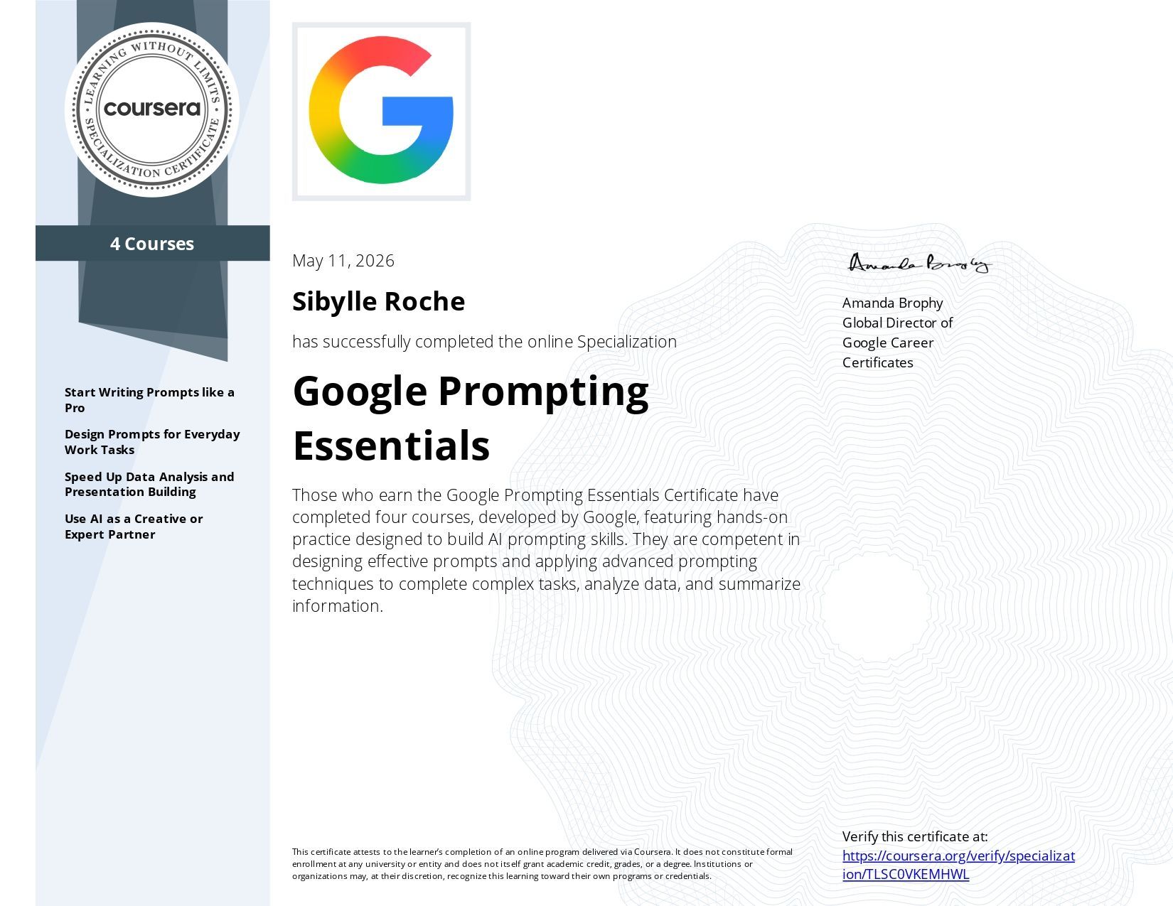 Course page for Google’s “Google Prompting Essentials” certificate, with Google logo and course title on white background