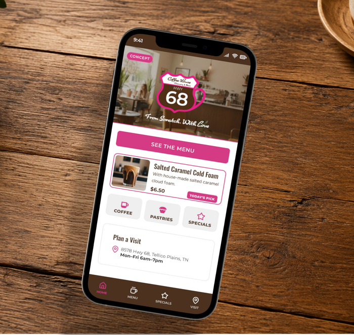 Smartphone displaying a pink rewards app screen with a 68 score and a café discount offer.