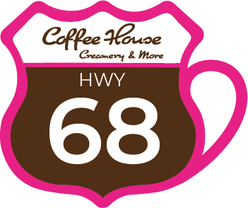Logo for Coffee House, shaped like a Route 66 sign, black and white with text 
