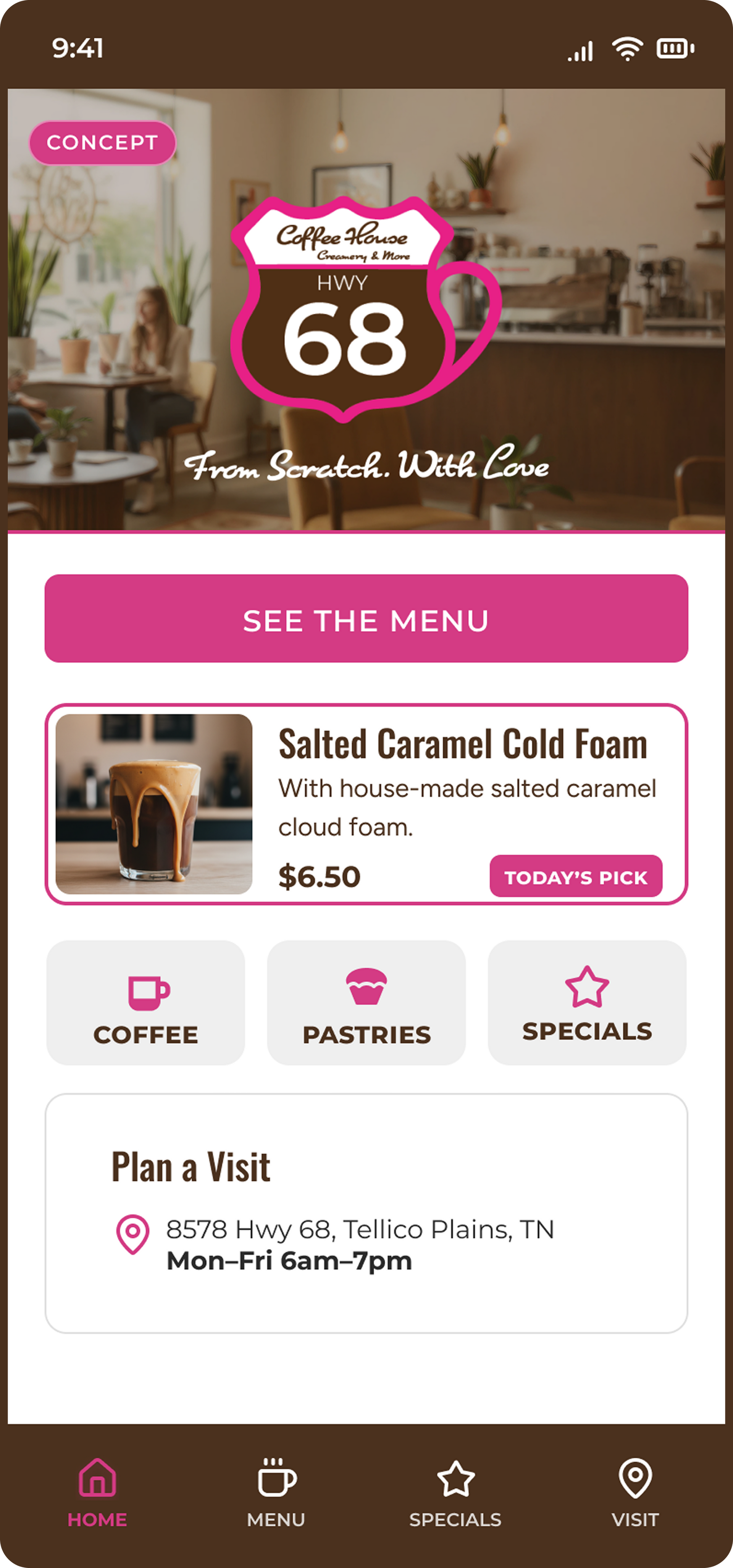 Pink food app home screen with large “68” logo, restaurant card, and bottom navigation icons