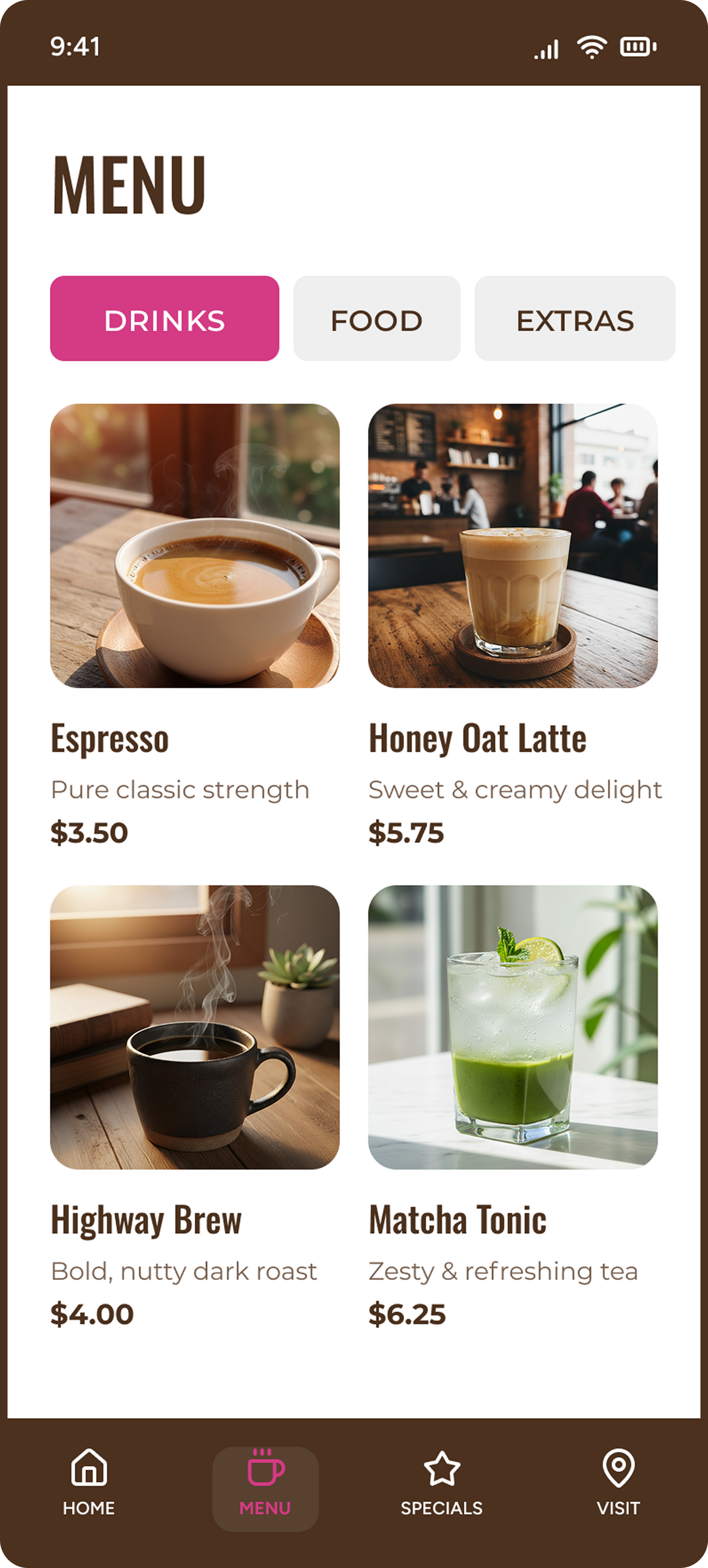 Coffee shop menu screen with drink photos, category tabs, and bottom navigation icons