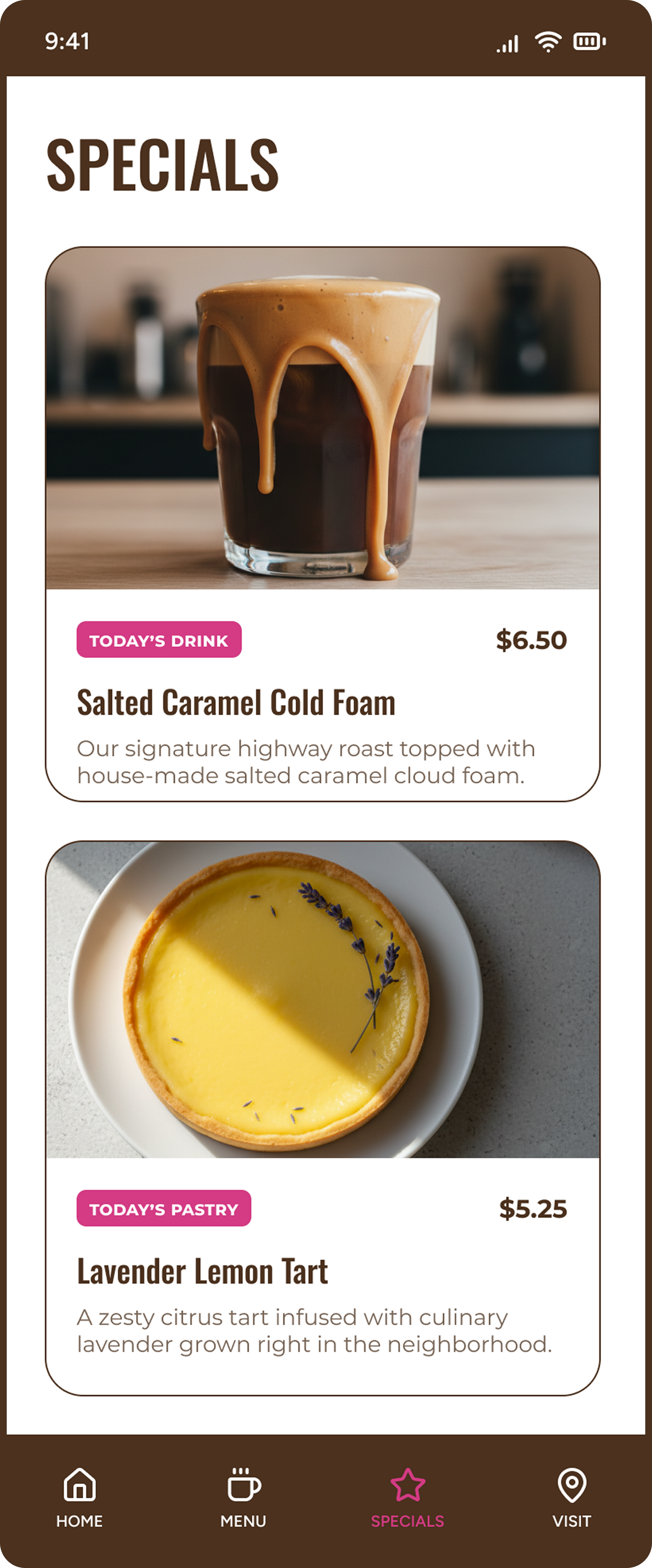 Specials menu screen showing two dessert items with photos and prices on a brown app interface