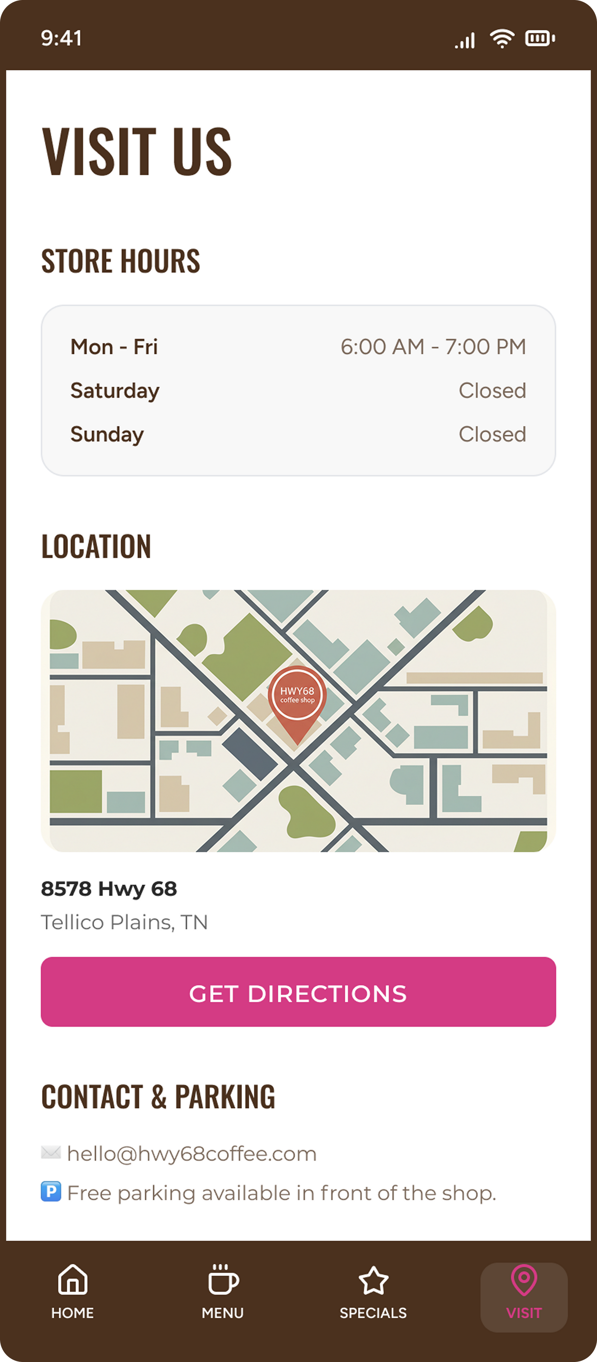 Contact page with store hours, map, address, pink 