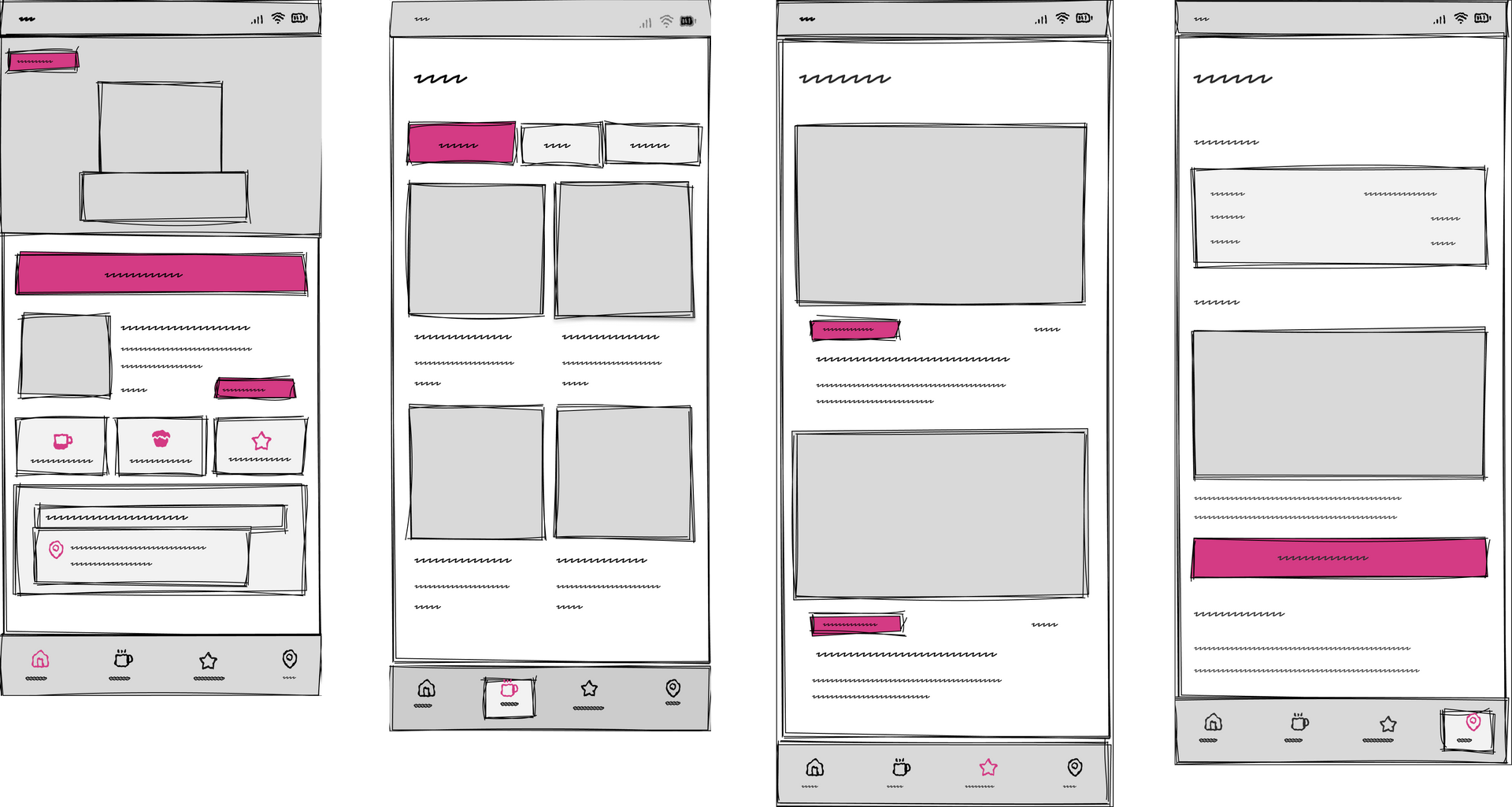 Mobile app wireframe mockups with gray content blocks, magenta tabs, and bottom navigation bar