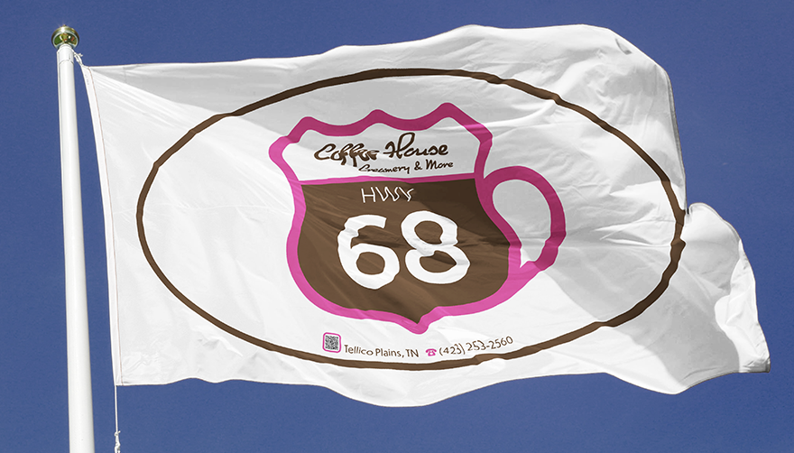 White flag with a coffee cup logo and the number 68, waving against a blue sky.
