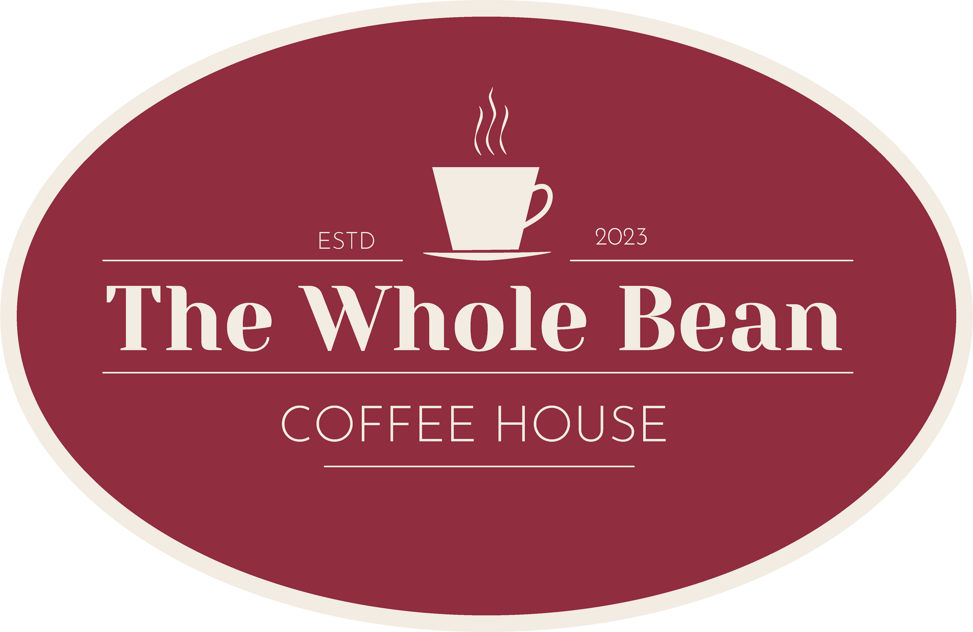 The Whole Bean Coffee House logo in a maroon oval with white text and a steaming cup icon
