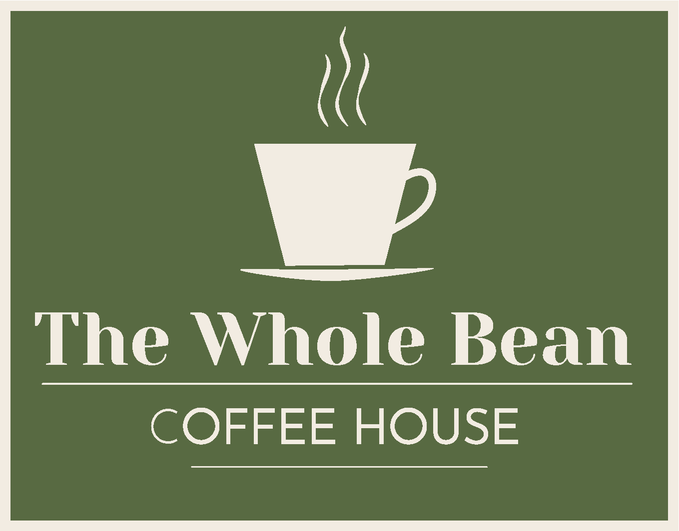 The Whole Bean Coffee House logo with a white steaming cup on an olive green background.