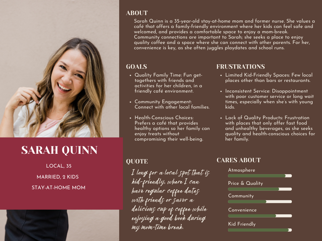 Profile card with portrait on burgundy panel and resume-style text on a dark brown background