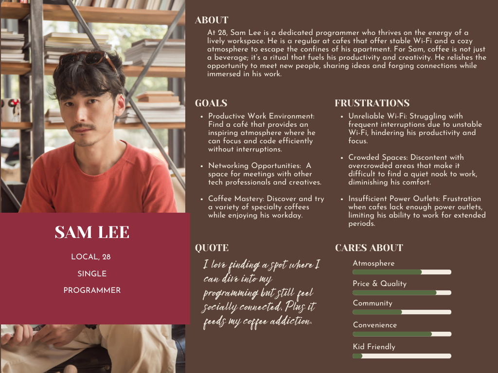 Profile card with portrait on burgundy panel and resume-style text on a dark brown background