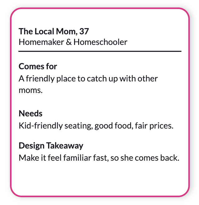Customer persona card with pink border listing “The Local Mom, 37,” her needs, and design takeaway.