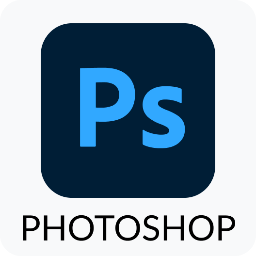 Adobe Photoshop app icon with blue “Ps” on a dark square and the word “PHOTOSHOP” below.