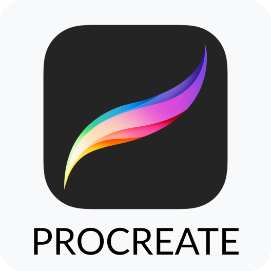 Procreate app icon with a multicolored brush stroke on a dark square, labeled “PROCREATE”