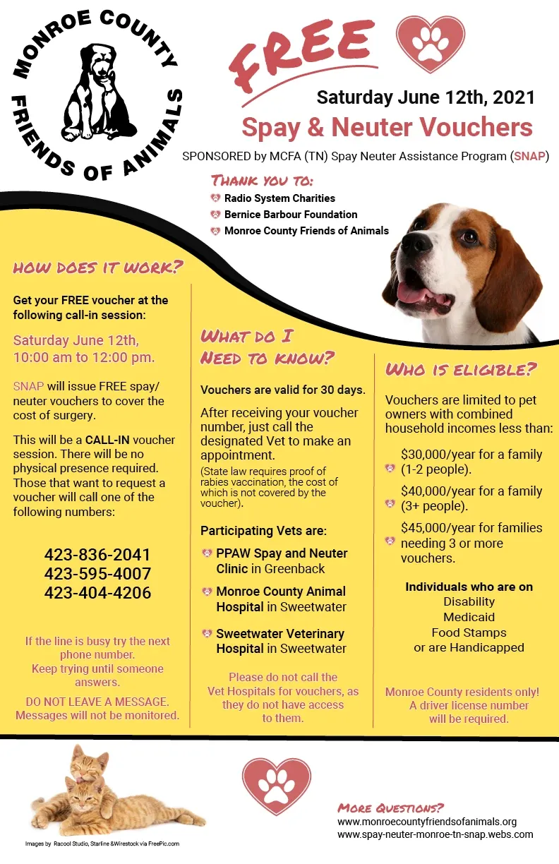 Free spay and neuter voucher flyer with dog, cat, heart logo, and yellow information panels