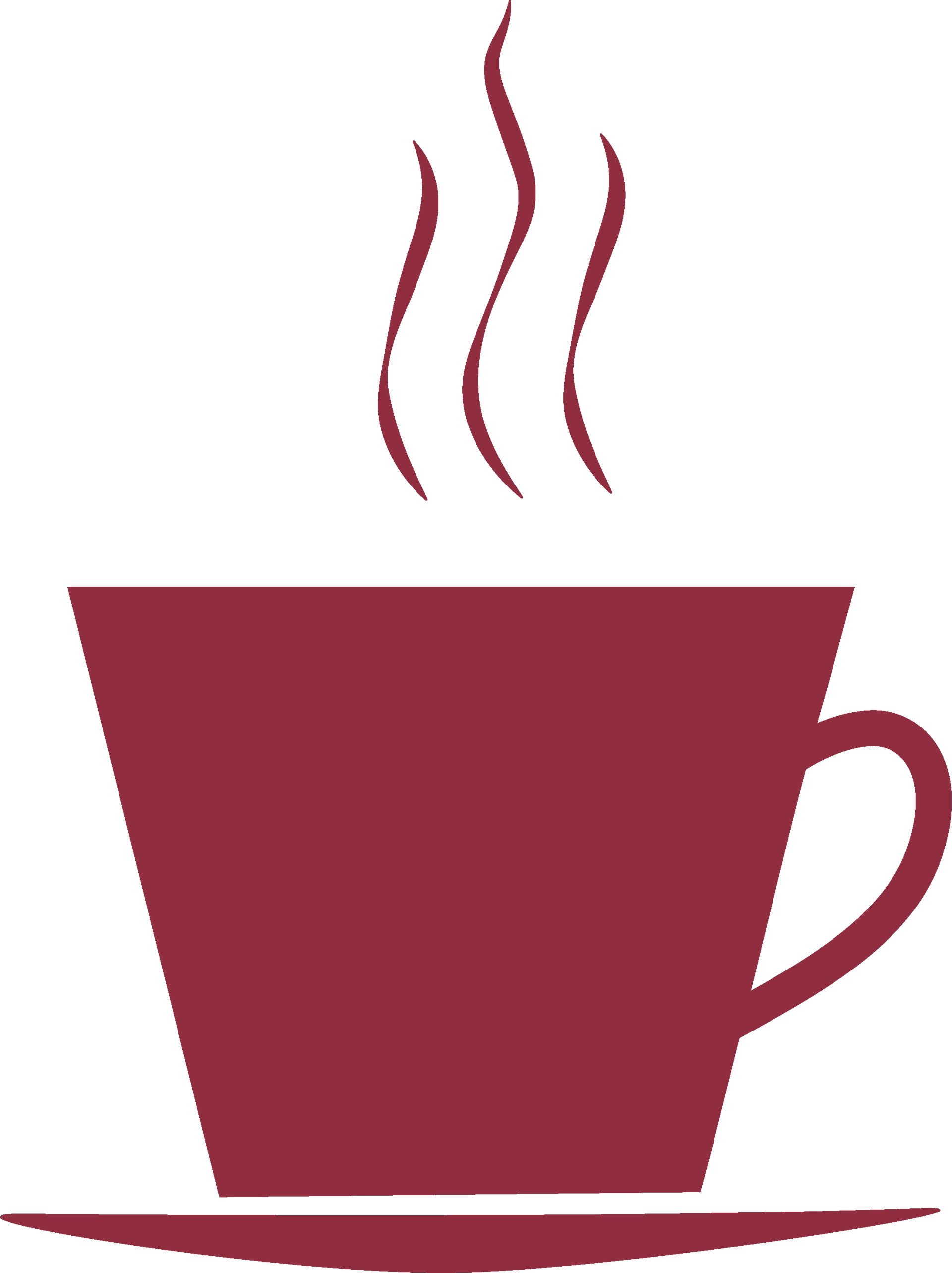 Maroon steaming coffee cup with saucer on a white background