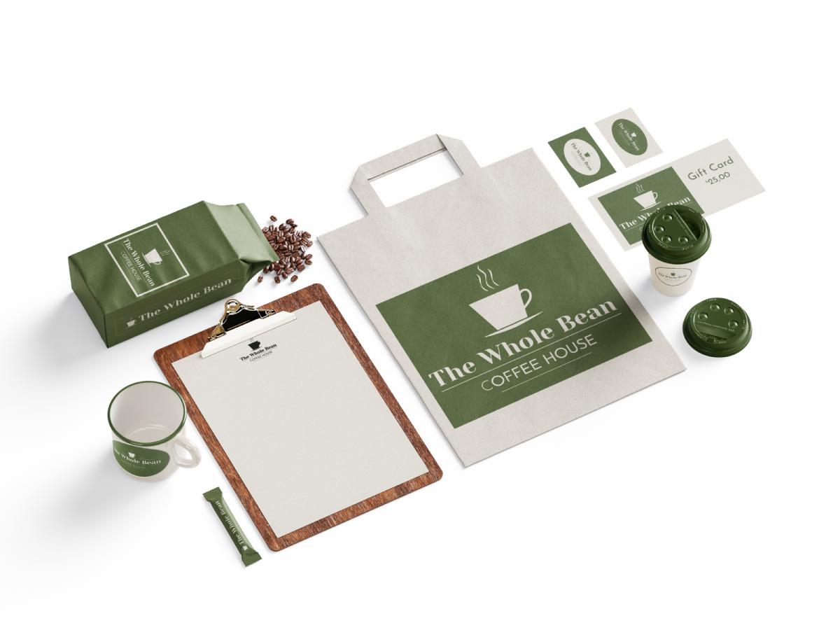 White and green coffee packaging with cups and coffee beans on a light background
