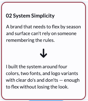 Text card titled “02 System Simplicity” with a downward arrow and maroon border, explaining four-color brand rules