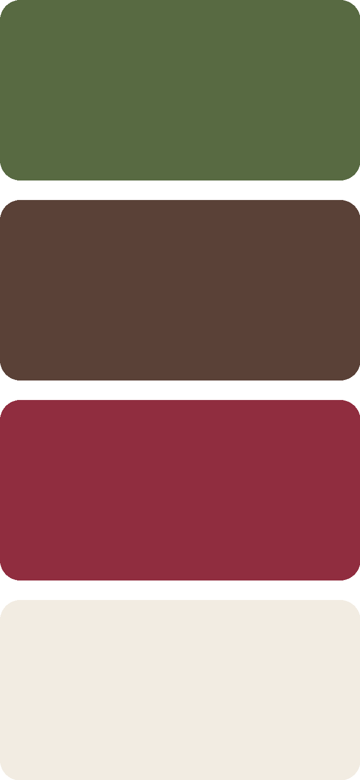 Four stacked color swatches: olive green, brown, burgundy, and off-white.
