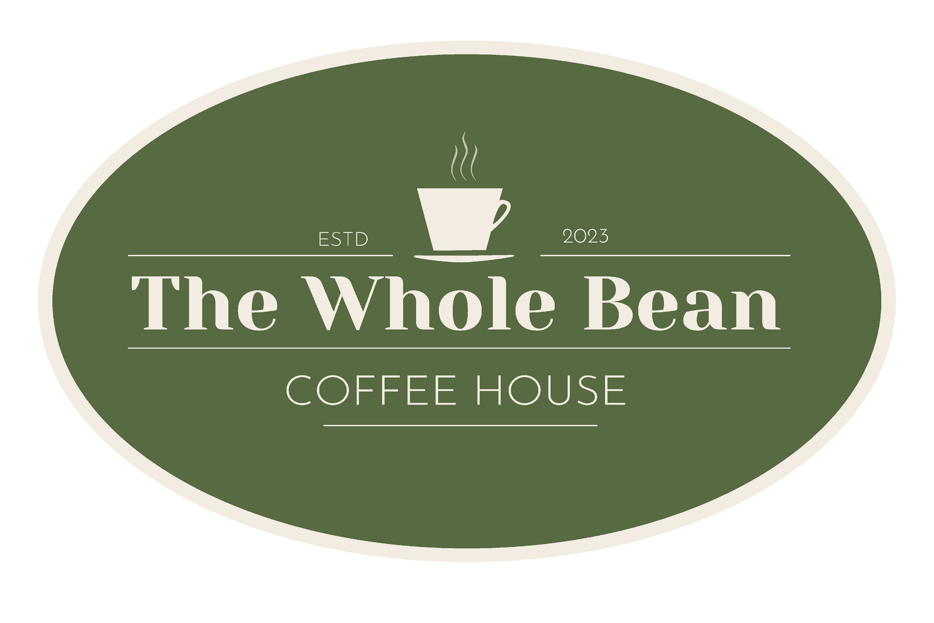 Oval green logo for The Whole Bean Coffee House with a white coffee cup icon and text