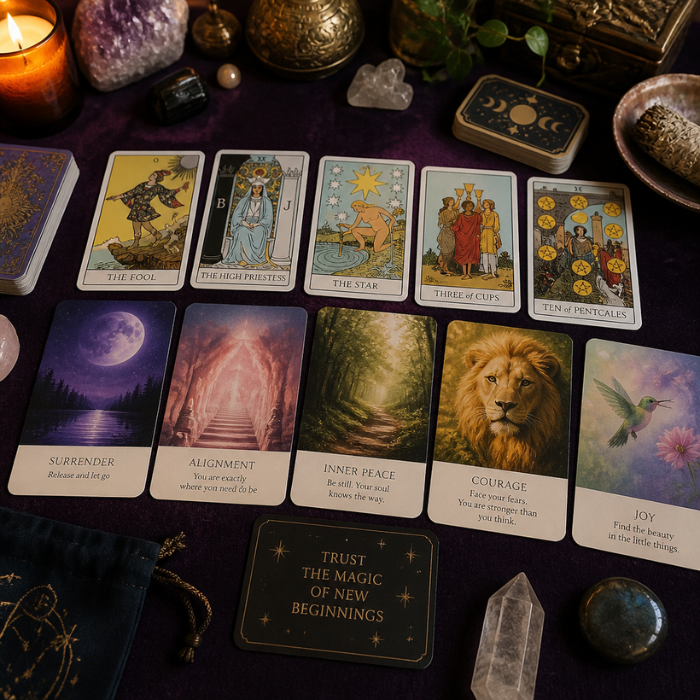 An image showing tarot cards and oracle cards laid next to each other in comparison.