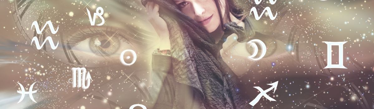 Woman's face with eyes open overlaid with celestial symbols, surrounded by stars.