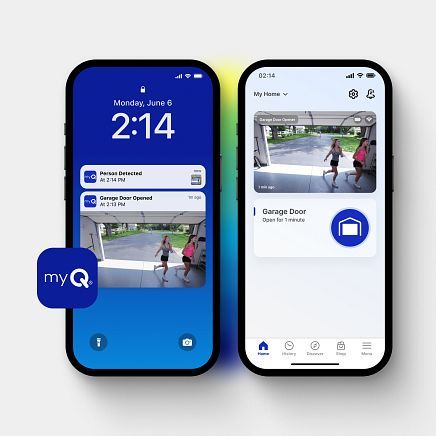 Two smartphones: one showing garage door alerts, the other a live video feed of the garage door and two children.