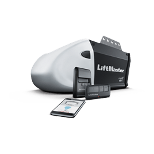 LiftMaster garage door opener with remote controls and smartphone interface.