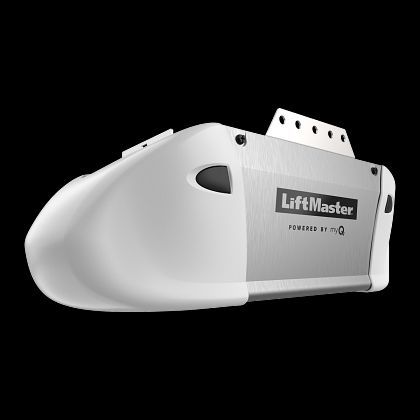 LiftMaster garage door opener, white and silver, with the brand name visible.