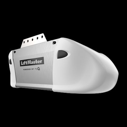 LiftMaster garage door opener, silver and white, with the brand name visible.
