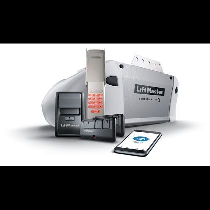 LiftMaster garage door opener with remote, keypad, phone, and accessories.