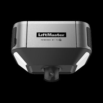 LiftMaster garage door opener with integrated camera, metallic and black casing, centered on black background.