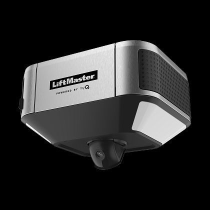 LiftMaster garage door opener with integrated camera, silver and black.