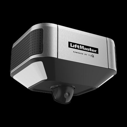 LiftMaster garage door opener with integrated camera, silver and black.