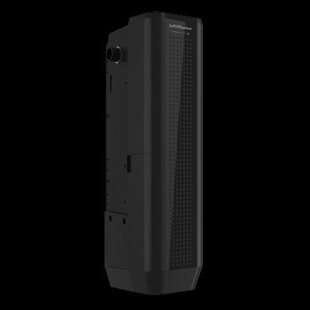 Black, cylindrical device with a perforated front panel and the 